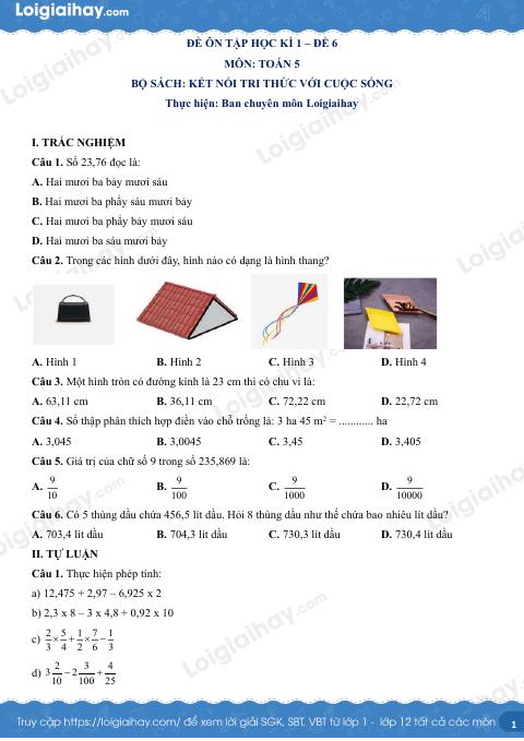 Đề kiểm tra học kì 1 Toán 5 Kết nối tri thức - Đề số 6